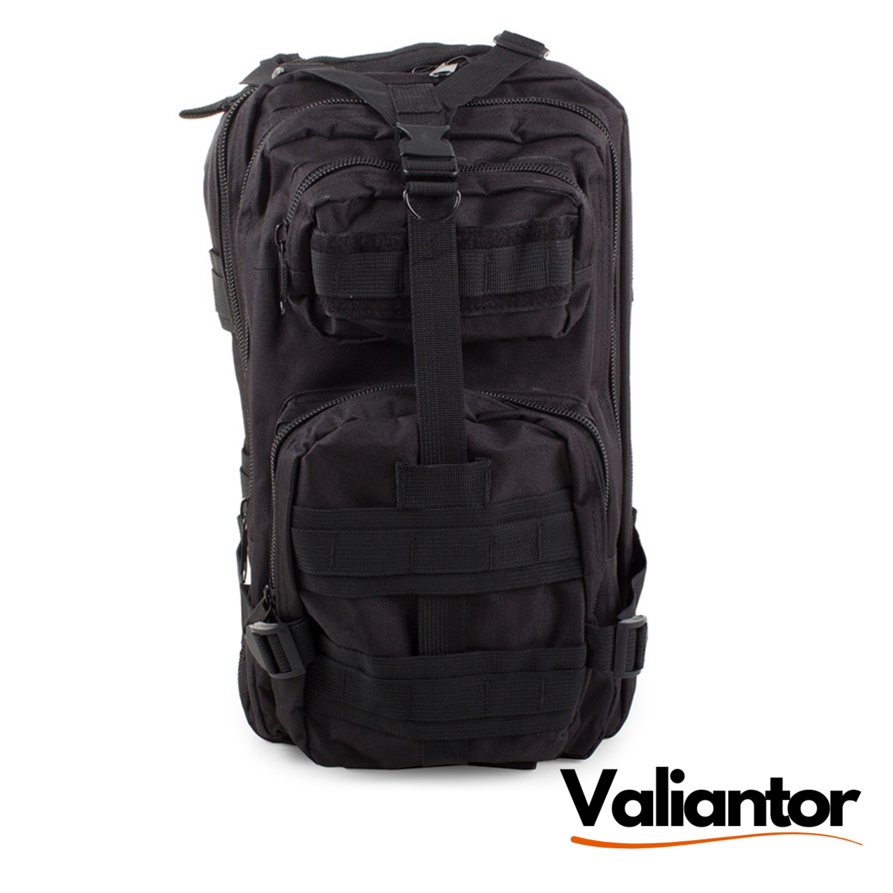 Mochila táctica militar 28L negra vista frontal, con bolsillos delanteros y sistema MOLLE