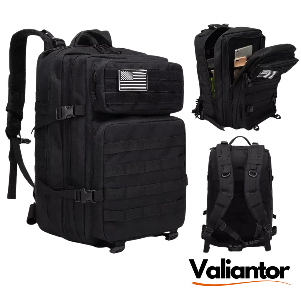 Detalles de la mochila táctica militar 45L de asalto: vista en ángulo, compartimento abierto y respaldo con tirantes