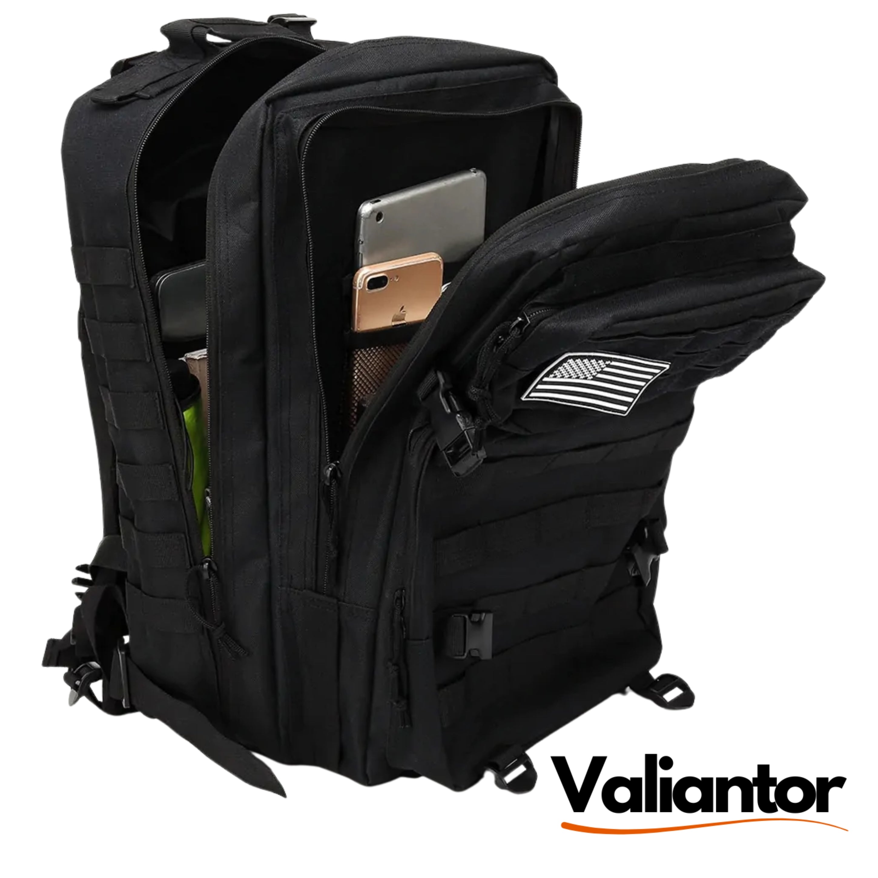 Compartimento interior abierto de la mochila táctica militar 45L de asalto, con sus bolsillos de organización