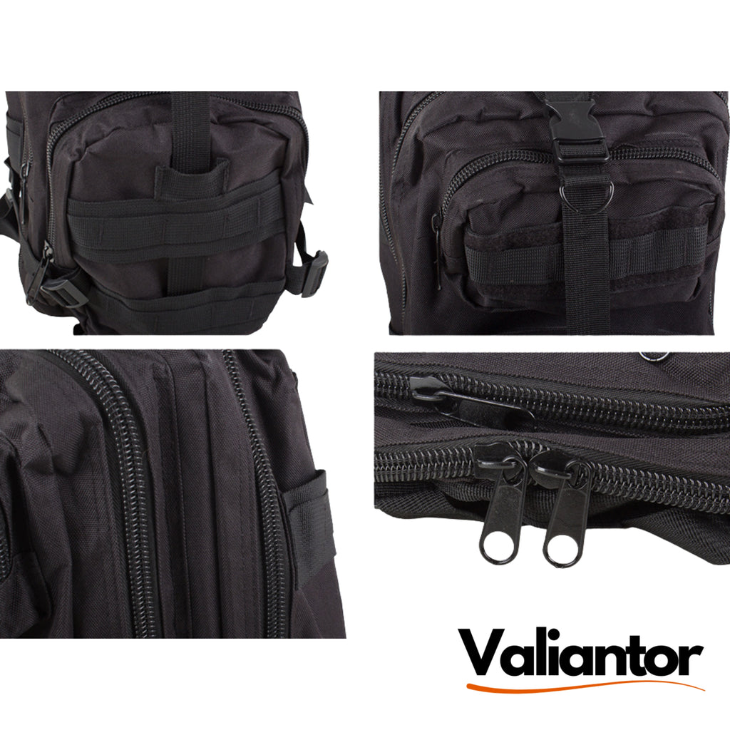 Detalles de acabado de la mochila táctica militar 28L: cintas MOLLE, asa de transporte y cremalleras dobles