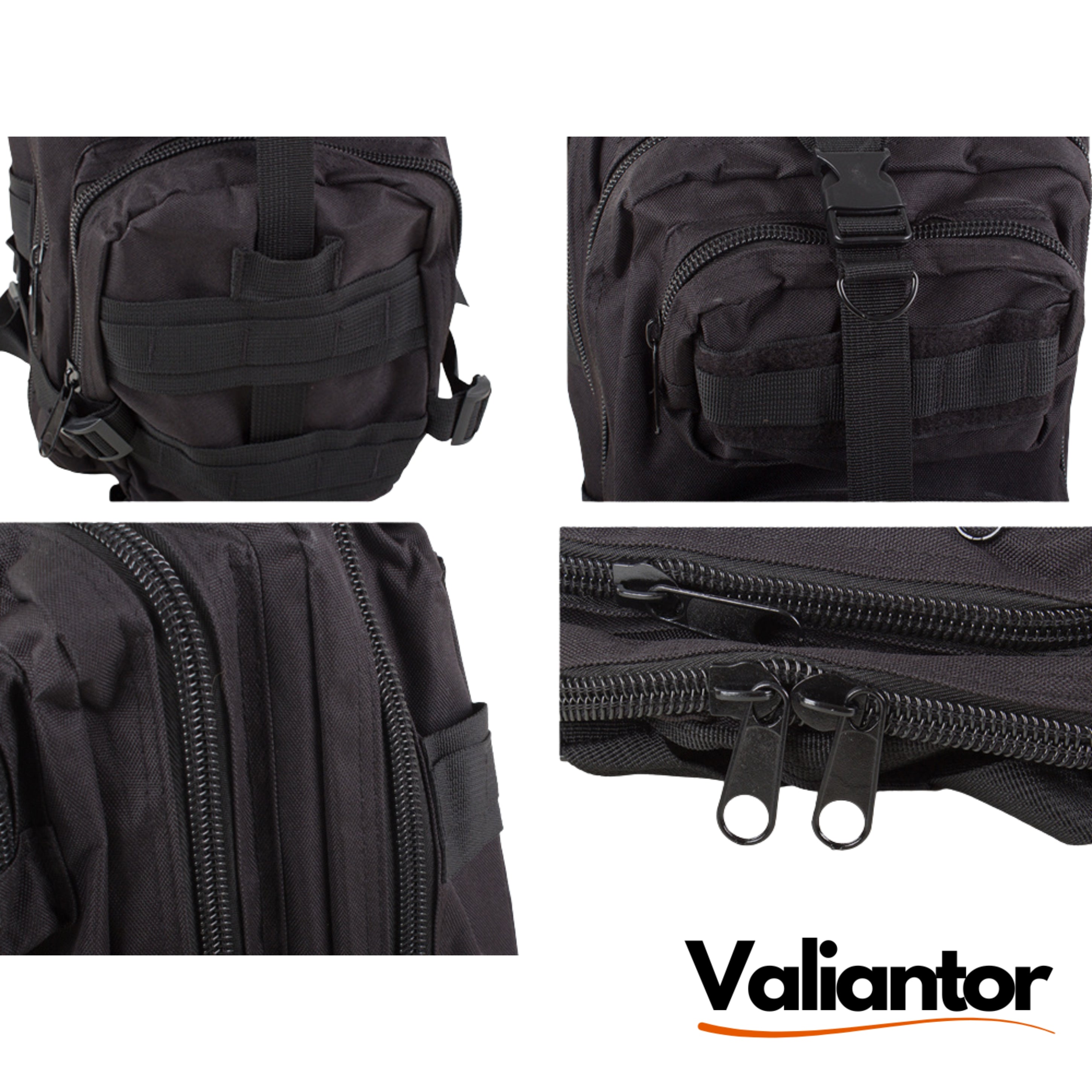 Detalles de acabado de la mochila táctica militar 28L: cintas MOLLE, asa de transporte y cremalleras dobles