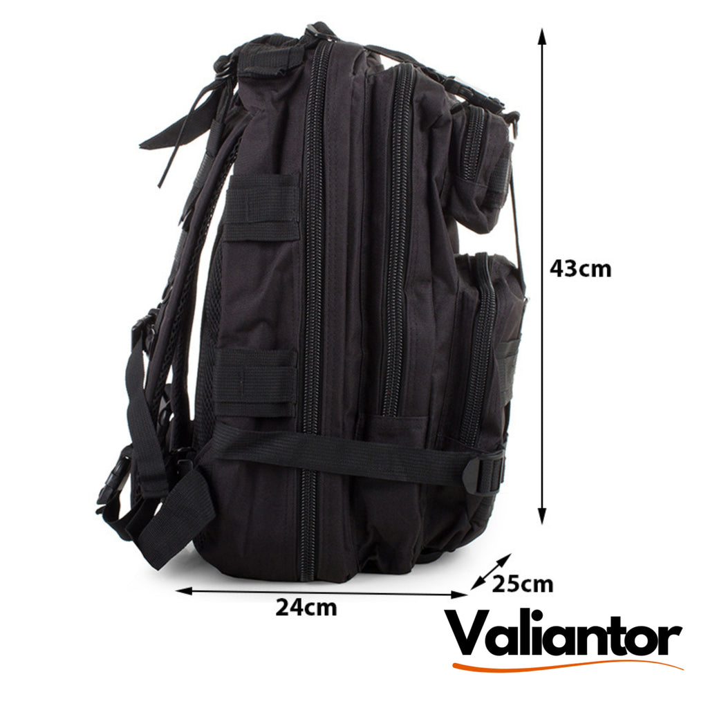 Mochila táctica militar 28L de perfil con medidas: 43 x 24 x 25 cm