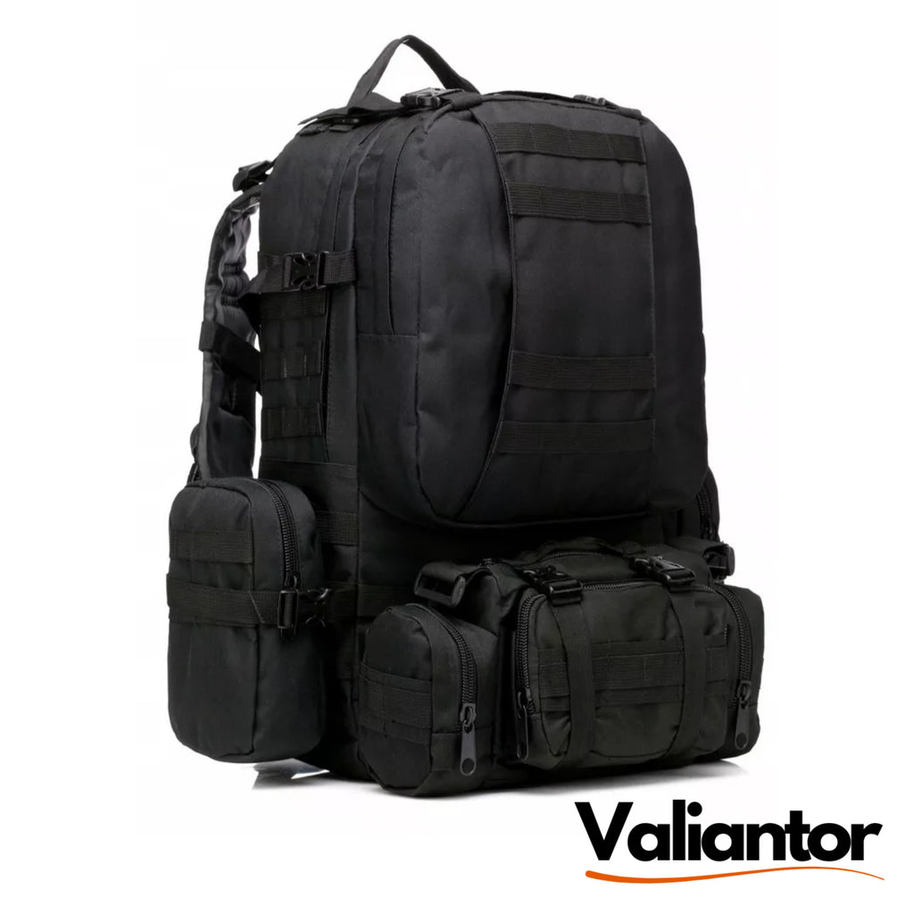 Mochila militar modular 48,5L negra impermeable con sistema MOLLE, riñonera y bolsillos laterales desmontables, vista frontal