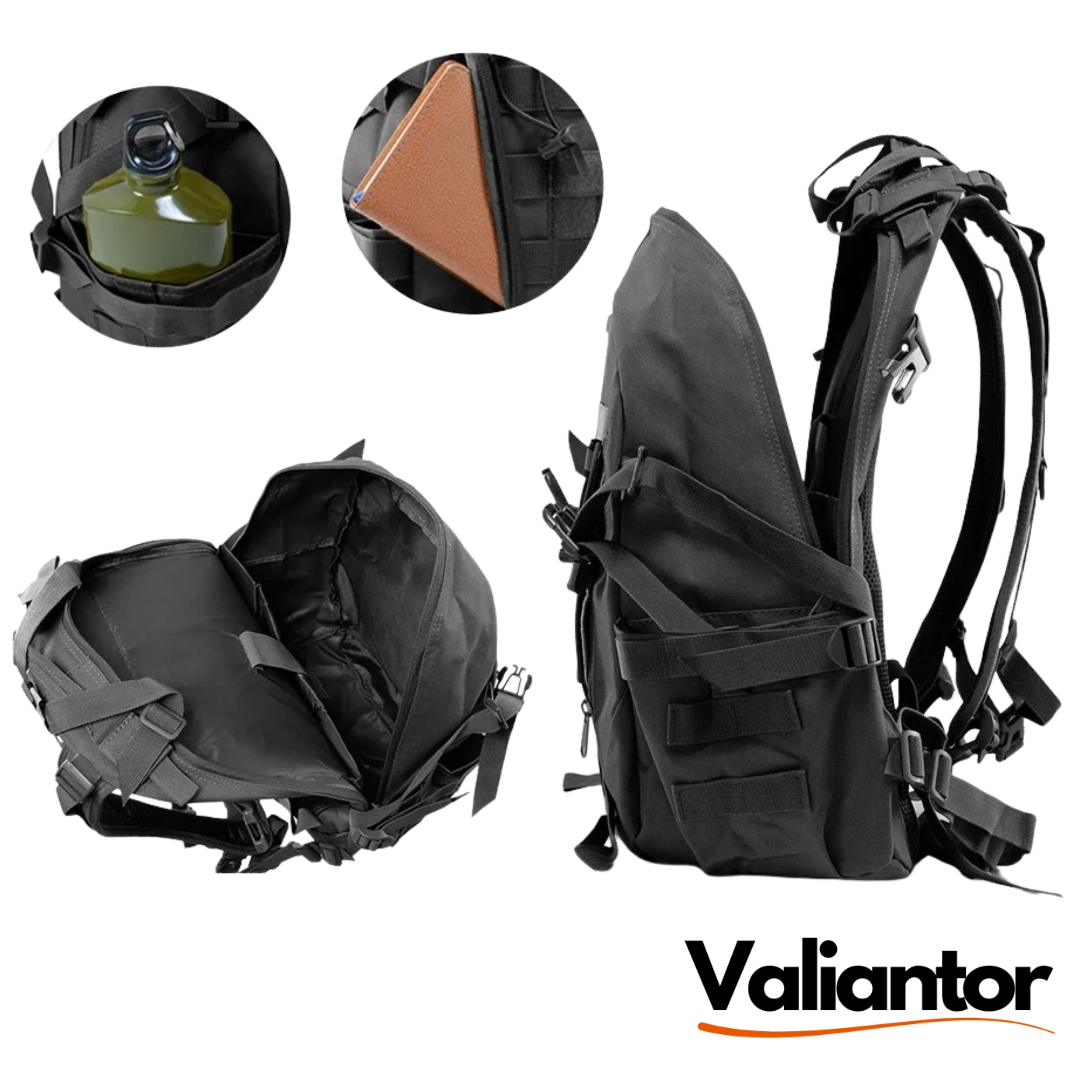 Interior de la mochila táctica militar 30L abierta: funda acolchada para portátil, compartimento principal y cantimplora sujeta en el lateral