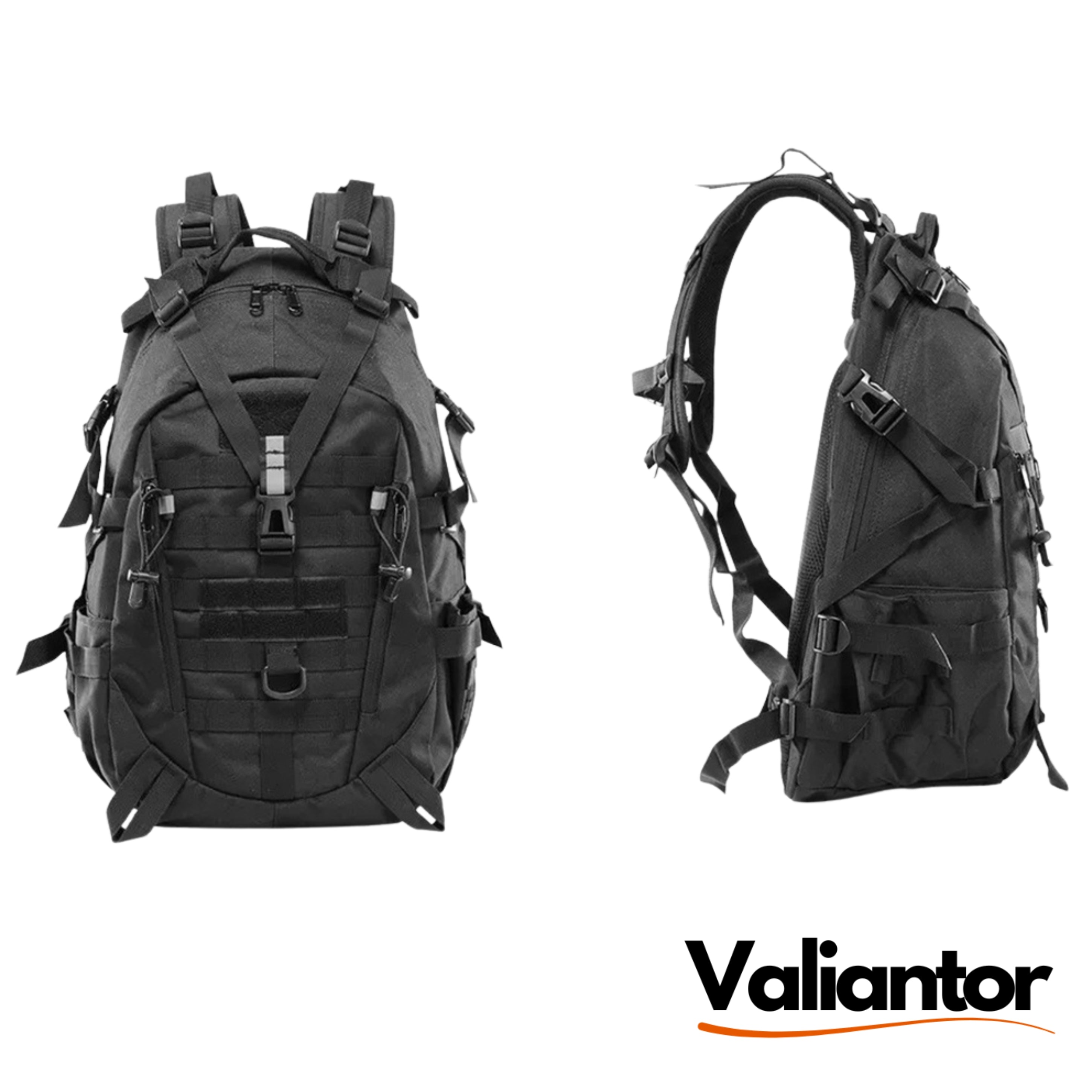 Mochila táctica militar 30L negra: vista frontal y perfil lateral con correas de compresión