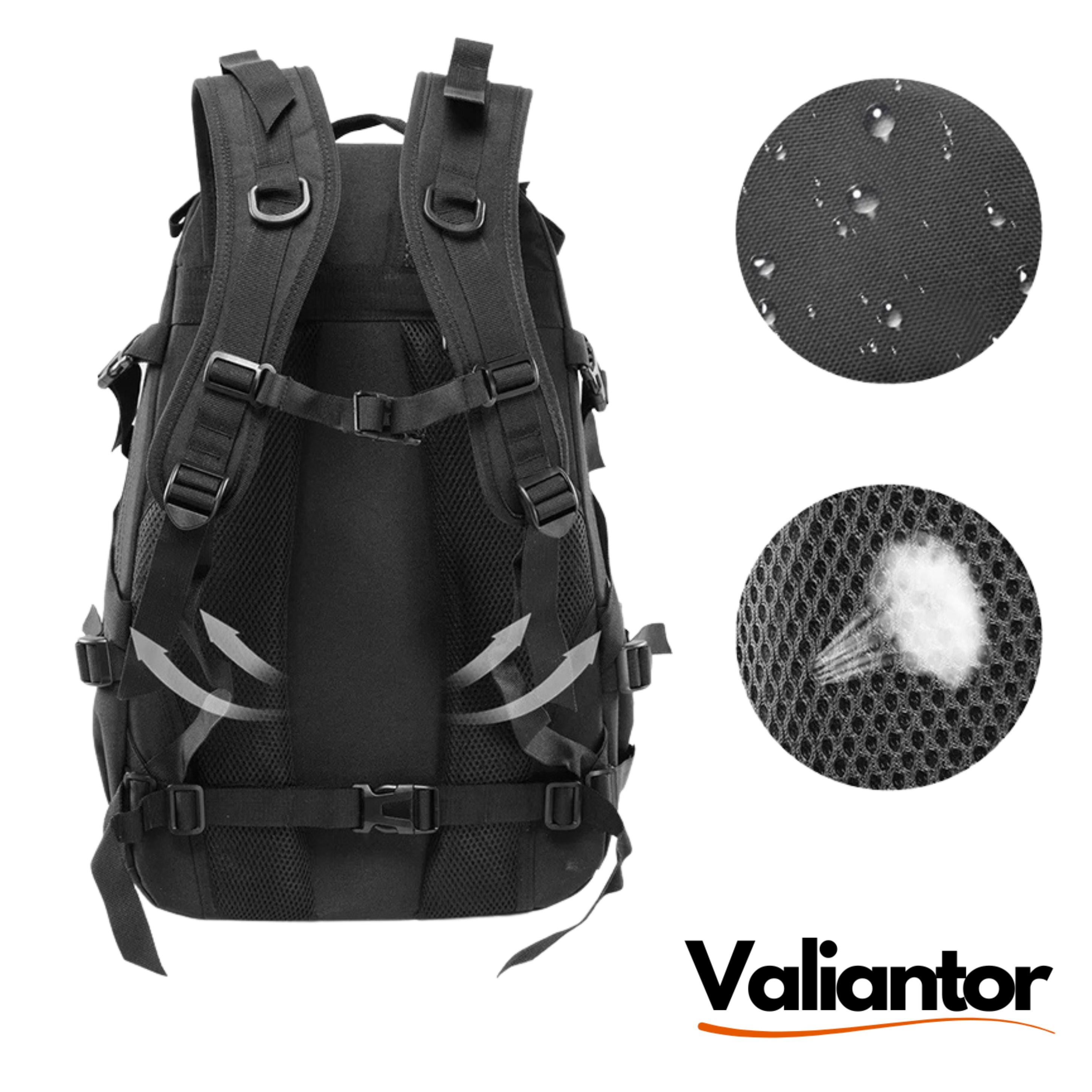 Respaldo acolchado y ventilado de la mochila táctica militar 30L, con detalle del tejido impermeable y la malla transpirable